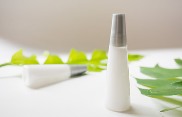 natural cosmetics bottle containers with green leaf on white background,natural beauty skincare product,  beauty product concept