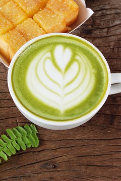 Hot green tea with matcha and toast