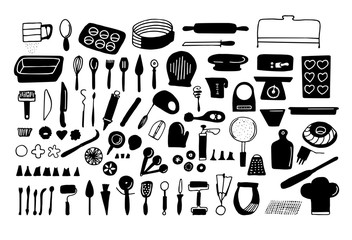 Baking tools and essentials. Hand drawn bakery supplies. Line vector kitchen utensils icon set.