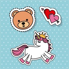 cute fantasy unicorn bear love heart sticker vector illustration