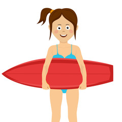 Cute funny teenager girl with a red surfboard over white background