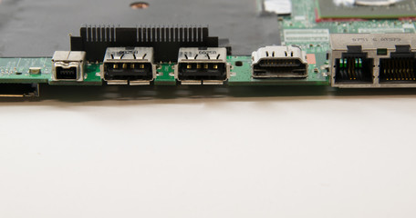close up part of motherboard from laptop computer. USB lan and hdmi ports