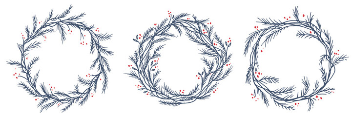 Vector set of silhouette of christmas wreath. Hand drawn branches and berries, circle frames or borders