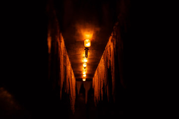 wooden arches with spherical shining lamps against dark background