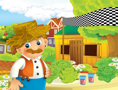 cartoon scene with happy man working on the farm - standing and smiling / illustration for children