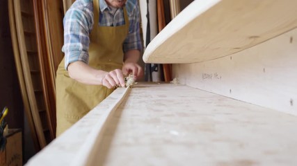 Man Shaping Custom Surfboard In Workshop Shot On RED Camera - Powered by Adobe