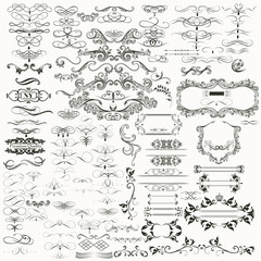 Mega set or collection of vector  hand drawn flourishes  in vintage style