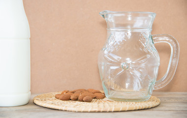 milk in glass on table.