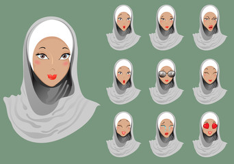 Set of emoticons. Muslim girls