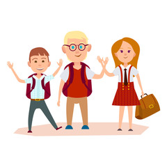 Fototapeta premium Happy Schoolchildren with Bags Waving their Hands