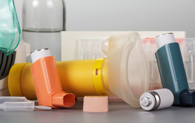 Set of items for inhalation on gray