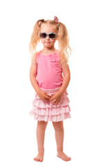 A little girl with sunglasses isolated on white