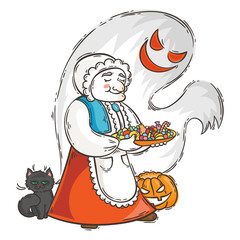 Cute granny with ghost and cat near pumpkin. Halloween card or poster.