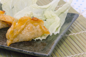 fried pork gyoza dumplings on black plate