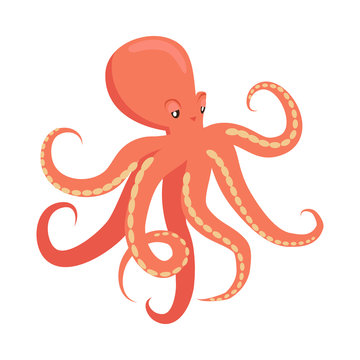 Red Octopus Cartoon Flat Vector Illustration