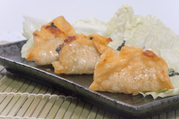 fried pork gyoza dumplings on black plate