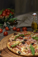 Delicious fresh pizza served on wooden table