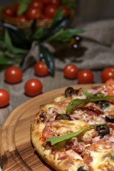 Delicious fresh pizza served on wooden table