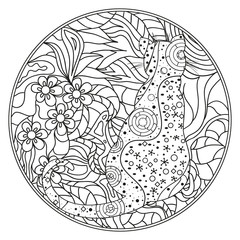 Mandala with cats. Zentangle. Hand drawn cat with abstract patterns on isolation background. Design for spiritual relaxation for adults. Black and white illustration for coloring. Outline for t-shirt