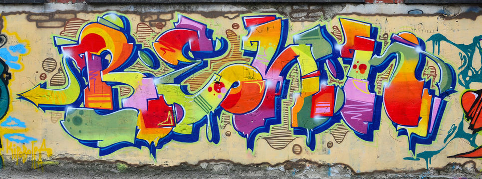 Background image with graffiti elements. Texture of the wall, painted in different colors of in the graffiti style. Concept of street culture, youth entertainment and illegal hooliganism