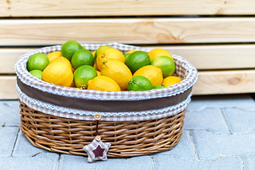 Baskets with lemons in outdoors market of Sorrento, Italy.