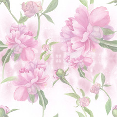 Watercolor. Peonies. Collage of flowers and buds on a watercolor background. Seamless pattern.