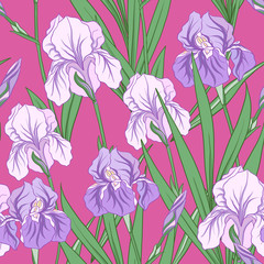 Seamless pattern with purple iris in Japanese style. Vector stoc