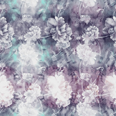 Watercolor. Peonies. Collage of flowers and buds on a watercolor background. Seamless pattern.