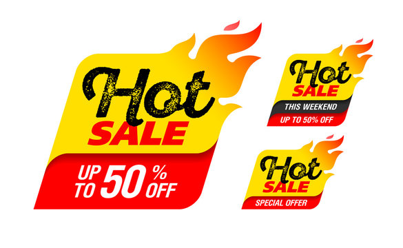 Hot Sale labels, stickers. This weekend special offer, big sale, discount up to 50% off