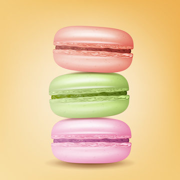 Realistic Macarons Vector. Sweet French Macaroons On Yellow Background Illustration.