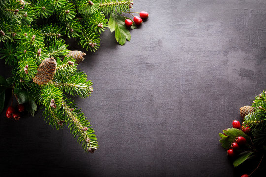 Background christmas decoration twig, red berries on back slate.