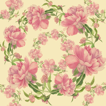 Watercolor. Flowers and buds of a pink peony. Decorative composition on a watercolor background. Seamless pattern.