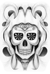 Art design skull tattoo. Hand pencil drawing on paper.