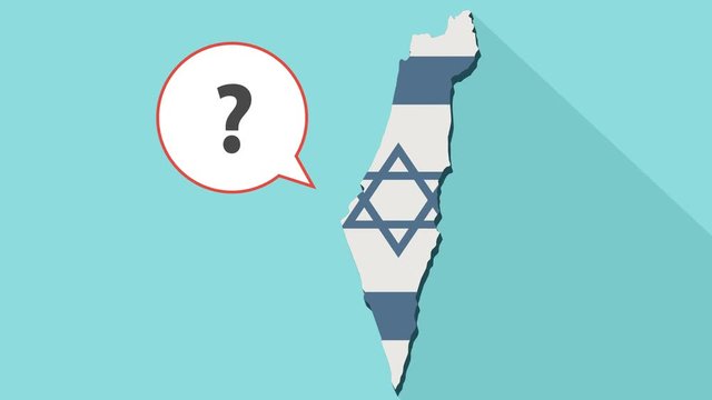 Animation of a long shadow Israel map with its flag and a comic balloon with a question sign