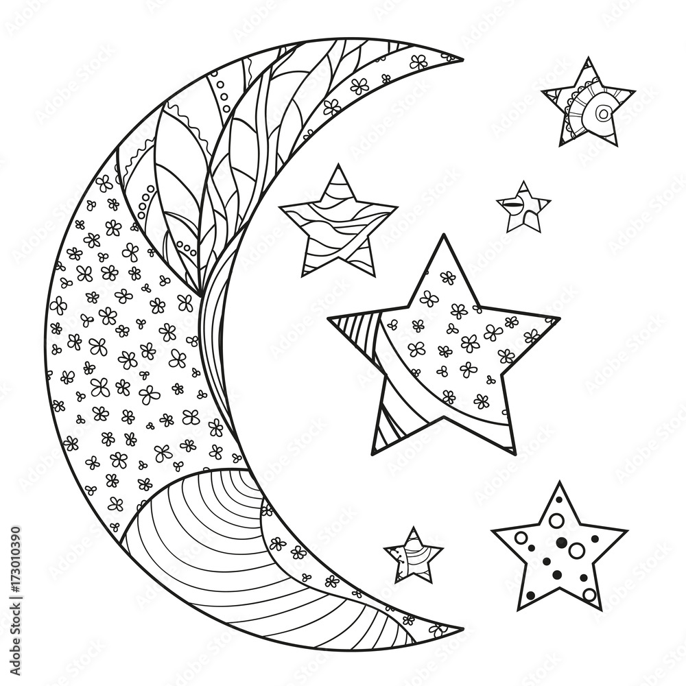 Wall mural Moon and star with abstract patterns on isolation background. Design for spiritual relaxation for adults. Line art. Black and white illustration for anti stress colouring page. Print for t-shirts