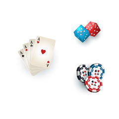 Set of casino, gambling devices - playing cards, chips, tokens and dices, vector illustration isolated on white background. Poker playing cards, gambling dices and casino chips, tokens