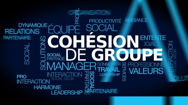 Coh&eacute;sion de groupe travail d'&eacute;quipe entreprise s&eacute;minaire productivit&eacute; collective r&eacute;union brainstorming nuage de mots texte blanc fond bleu animation