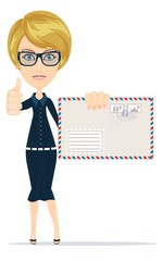 Woman in formal suit holding an envelope with a letter. Stock flat vector illustration.