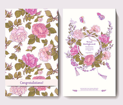 Set of two cards for wedding invitation birthday with rose 