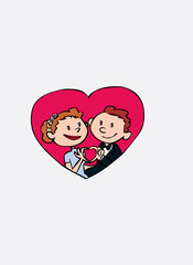 Just married inside heart, making the gesture of heart turn.