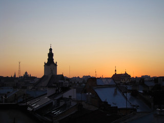 Fototapeta na wymiar Sunset in Lviv, of Lviv from the height, Ukraine
