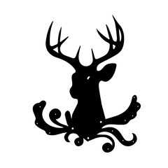 Black silhouette of deer head, on white background.