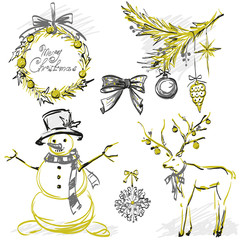 Christmas decor, big set of elements, wreath, fir branch, snowman,deer,bow, snowflake