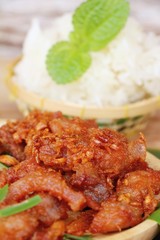 Fried pork with garlic and sticky rice