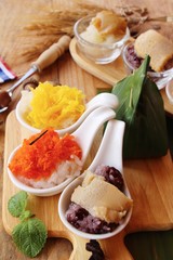 Sticky rice with custard , mixed pages ,Thai dessert