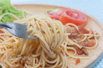 spaghetti with sauce and fork