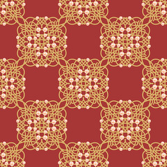 Elegant golden knot sign. Red and golden yellow seamless pattern, beautiful calligraphic flourish with pearls. Vector