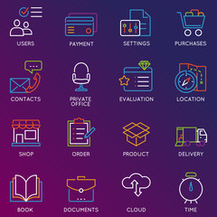 Vector set of 16 color linear icons related to business management and mobile processes. Mono line pictograms and infographics design elements