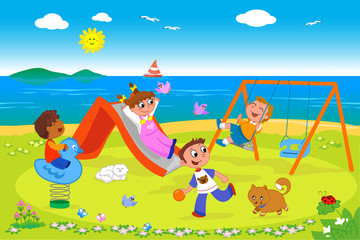 Obraz premium Kids in playground at the seaside vector