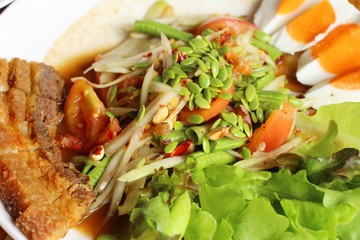 Spicy long bean with crispy pork , salted egg